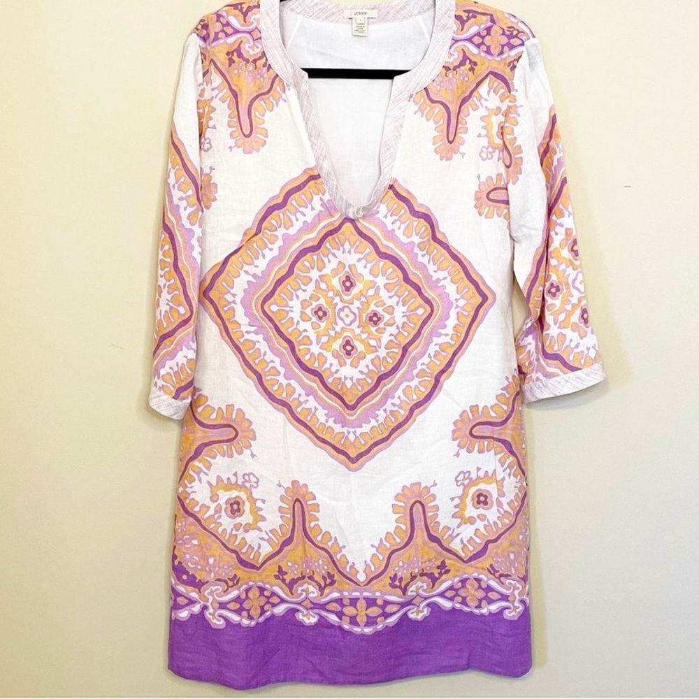 J. Crew Bazaar 100% Linen Boho Tunic Shift 3/4 Sleeve Dress 6